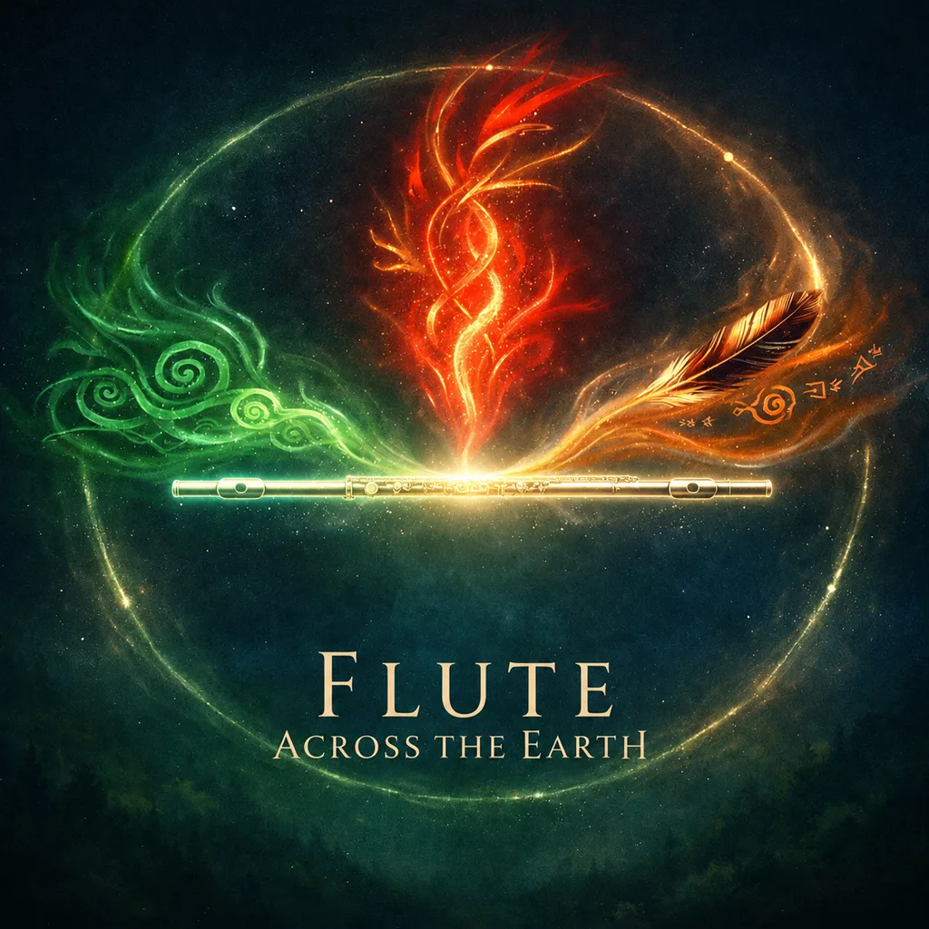 Naslovnica albuma Flute Across The Earth — zlatna flauta okružena zelenim, crvenim i jantarnim vrtlozima